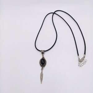 Elegant Silvertone Native American Black Onyx Cord Necklace